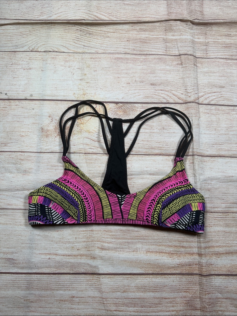 Ripcurl Colorful Strappy Racerback Surf Bikini Top - Pink, Purple & Lime Pattern